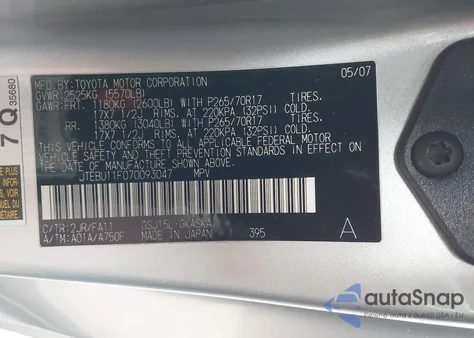 2007 Toyota Fj Cruiser из США, поврежденный, VIN JTEBU11F070093047